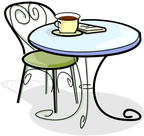 Cartoon style image of a cafe table and a chair, with cup of coffee on the table.