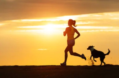 Beautiful scene of Woman running followed by dog, with setting sun behind them.