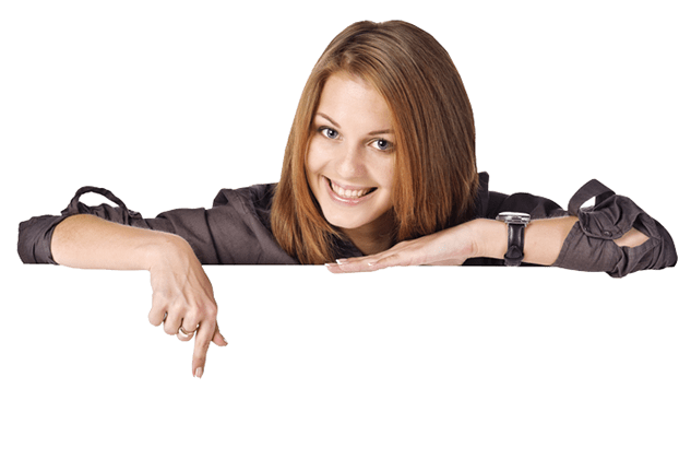 Happy young woman pointing a report content.